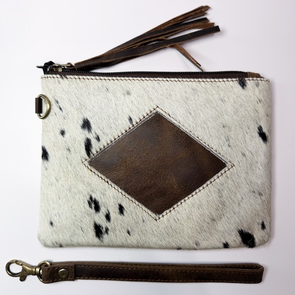 Handbags - Leather Accent Cowhide Wristlet Clutch - White & Black